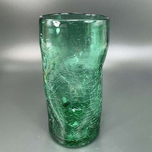Crackle Green Glass Tumbler Pinched Dimpled Tumblers Cups Glasses Set 2 Vintage - Picture 12 of 13